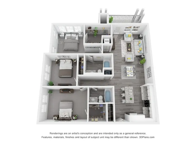 Bright and modern 3D floor plan showcasing 3 spacious bedrooms, a cozy open-concept living and dining area, sleek kitchen with island, and inviting balcony.