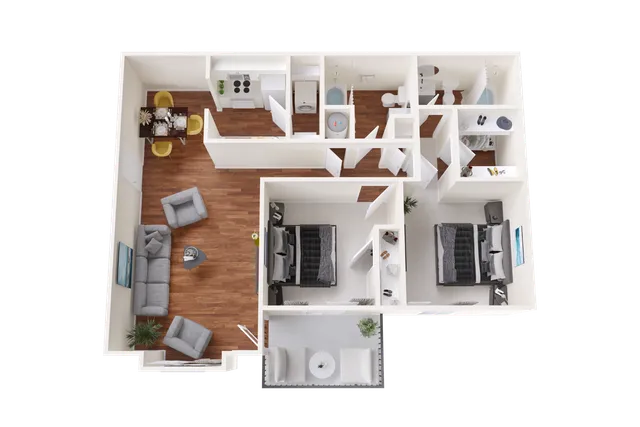 Charming 3D floor plan illustrating 2 bedrooms, cozy living area, modern kitchen, and sleek dining space with elegant wood flooring.