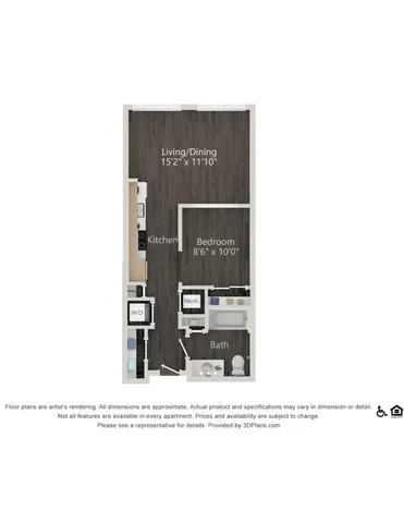 Modern floor plan showcasing a cozy 1-bedroom apartment with a spacious living and dining area, well-equipped kitchen, and a sleek bathroom.