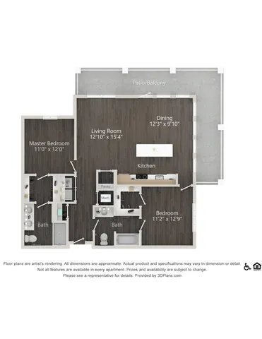 Modern floor plan featuring a spacious master bedroom, additional bedroom, two bathrooms, open-concept living and dining areas, sleek kitchen, and a large patio/balcony.