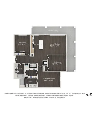 Chic and modern 3-bedroom apartment floor plan featuring a spacious living/dining area, sleek kitchen, two luxurious bathrooms, and a private patio/balcony.