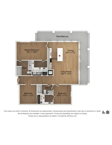 Chic 2-bedroom floor plan featuring a master suite, open living room, dining area, modern kitchen, two bathrooms, and a spacious patio balcony.