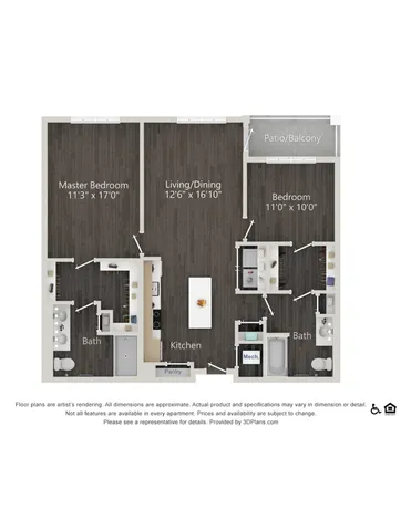 Elegant 2D floor plan showcasing a modern 2-bedroom, 2-bathroom layout with open-concept living/dining, stylish kitchen, and a cozy patio/balcony.
