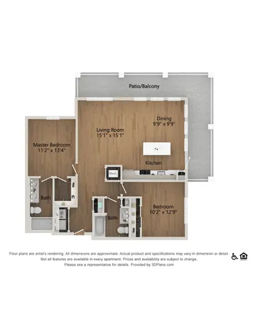 Contemporary 2D floor plan featuring a spacious master bedroom, additional bedroom, open living-dining area, modern kitchen, and a large patio/balcony.