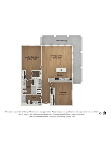 Modern 2D floor plan featuring 2 bedrooms, spacious living/dining area, contemporary kitchen, and a large patio/balcony.