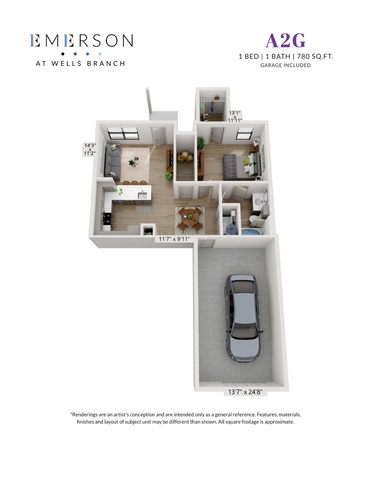 Modern floor plan for Emerson at Wells Branch, showcasing 1 bedroom, 1 bathroom, stylish open-concept living area, and a convenient garage, all within 780 sq. ft.