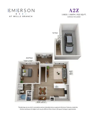 Elegant 3D floor plan of Emerson at Wells Branch, showcasing a 1-bedroom, 1-bathroom apartment with spacious living area, modern kitchen, and included garage at 922 sq ft.