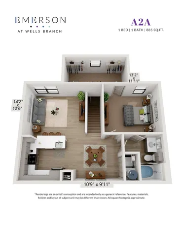 Elegant 3D floor plan of the Emerson at Wells Branch displaying a spacious 1 bedroom, 1 bath apartment with open-concept living and dining areas, modern kitchen, and ample closet space, covering 885 sq. ft.