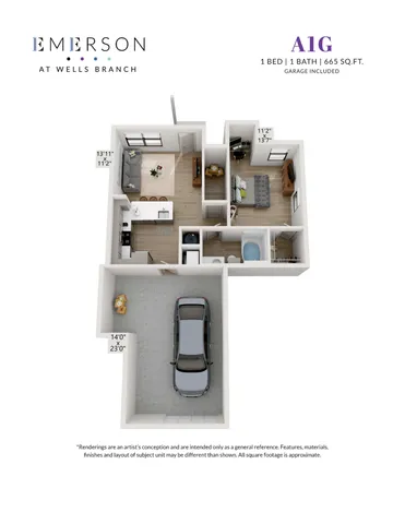 Emerson at Wells Branch 3D floor plan showcasing a chic 1 bedroom, 1 bathroom apartment with an open living area and included garage, spanning 665 sq ft for modern living.