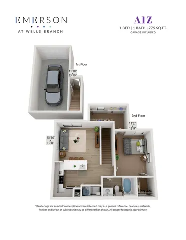 Chic two-story floor plan for Emerson at Wells Branch, featuring 1 bedroom, 1 bath, open-concept living area, and a garage. Totaling 775 sq ft, perfect for modern living.