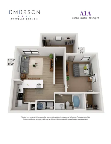 Modern 3D floor plan of Emerson at Wells Branch, featuring 1 bedroom, an open-concept living room, and a sleek kitchen. Cozy and functional layout with 775 sq. ft. living space.
