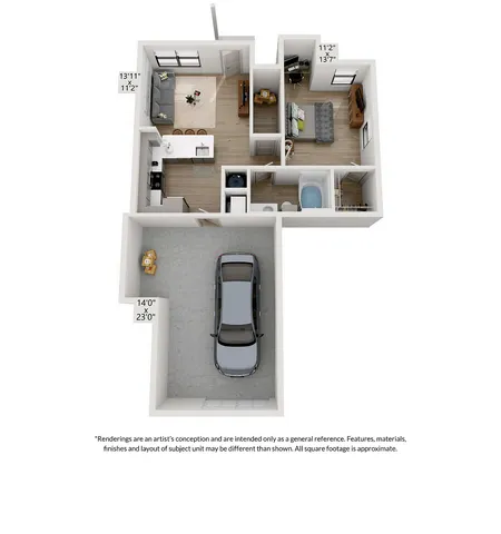 Modern 3D floor plan for Emerson at Wells Branch showcasing a cozy 1-bedroom, 1-bath layout with an open living area, attached garage, and elegant kitchen spanning 665 sq. ft.