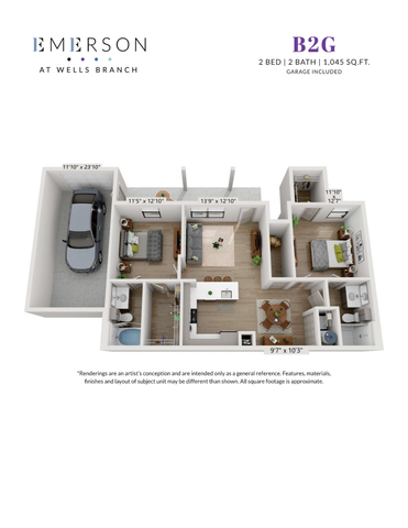 Elegant floor plan of Emerson at Wells Branch featuring 2 bedrooms, 2 bathrooms, open living and kitchen area, and an included garage; 1,045 sq ft of modern space.