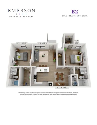 Emerson at Wells Branch floor plan B2 showcasing 2 bedrooms, 2 bathrooms, elegant open kitchen, and spacious living area, 1,045 sq ft.