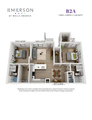 Emerson at Wells Branch B2A floor plan showcasing 2 bedrooms, 2 bathrooms, and a stylish open-concept kitchen and living area, 1,138 sq ft.
