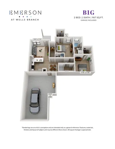 Emerson at Wells Branch floor plan showcasing a stylish 3D layout of a 2 bedroom, 2 bathroom apartment with an open living area and attached garage, totaling 987 sq. ft.