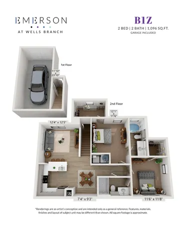 Modern 3D floor plan of Emerson at Wells Branch, showcasing a B1Z layout with 2 bedrooms, 2 bathrooms, and a 1,096 sq. ft. area. Features an open-concept living space, stylish kitchen, and included garage.