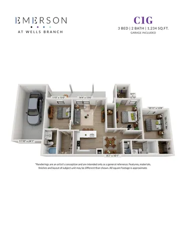 Elegant floor plan of Emerson at Wells Branch C1G, showcasing 3 bedrooms, 2 bathrooms, open kitchen and dining with garage included, totaling 1,234 sq. ft.