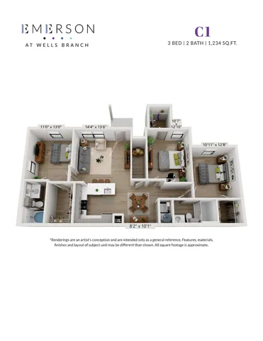 Emerson at Wells Branch floor plan C1 showcasing a 3 bedroom, 2 bath apartment with a modern kitchen and spacious living area, totaling 1,234 sq. ft.