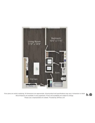 Modern 1-bedroom apartment floor plan featuring open-concept living and kitchen area, spacious bath, and in-unit laundry.