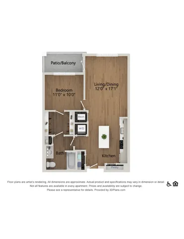 Modern floor plan showcasing 1 bedroom with private balcony, spacious living/dining area, and contemporary kitchen.