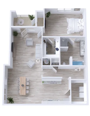 Modern open-concept floor plan showcasing a spacious bedroom, elegant bathroom, inviting living room, and stylish kitchen with dining area, complemented by a cozy balcony.