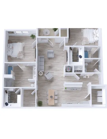 Elegant 3D floor plan showcasing a modern apartment layout with 2 cozy bedrooms, open-plan living and dining area, sleek kitchen, and well-appointed bathrooms.