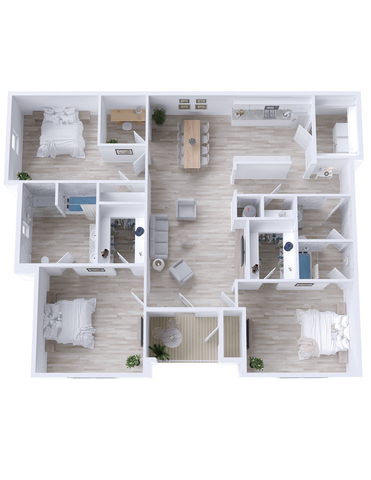 Modern 3D floor plan showcasing 3 bedrooms, a sleek open-concept living area with dining space, and a contemporary kitchen.