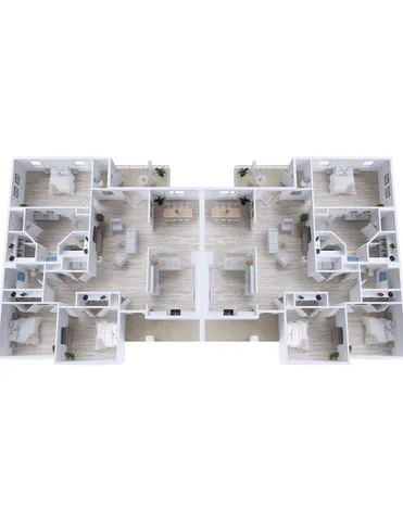 Elegant 2D floor plan showcasing dual apartment layout with two bedrooms each, spacious living areas, modern kitchens, and private balconies.