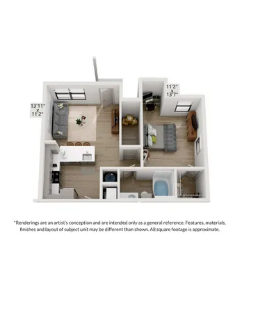 Charming 3D floor plan showcasing a cozy one-bedroom apartment with a stylish open kitchen and inviting living area, perfect for modern living.