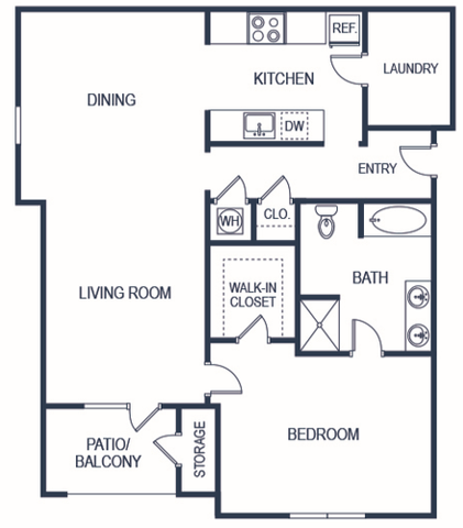 Modern apartment floor plan with one bedroom, open dining and living area, spacious kitchen, and patio balcony.