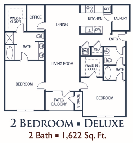 Elegant 2-bedroom deluxe floor plan featuring a spacious living room, modern kitchen, and office space, complemented by 2 bathrooms and a patio or balcony. Total area: 1,622 sq. ft.