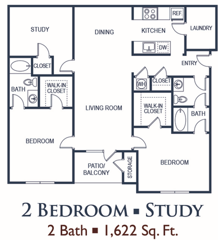 Spacious 1,622 sq ft floor plan featuring 2 bedrooms, a study, 2 bathrooms, and an inviting open-concept living and dining area, complete with a modern kitchen, patio, and ample storage.