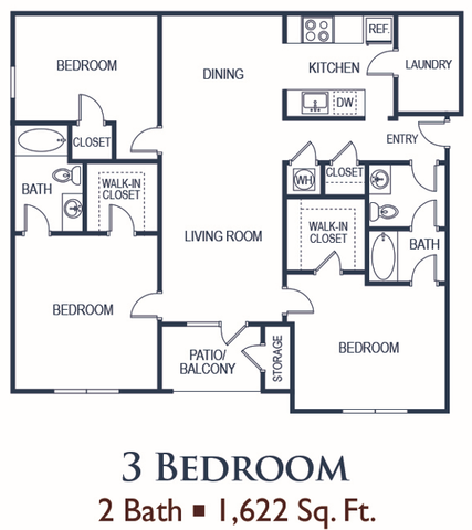 Spacious 3-bedroom apartment floor plan featuring 2 bathrooms, open living and dining area, modern kitchen, and private patio/balcony with 1,622 sq. ft. of luxurious space.