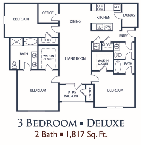 Deluxe 3-bedroom floor plan with office, two bathrooms, spacious living room, and kitchen. Features include walk-in closets, patio, and 1,817 sq ft of elegant living space.