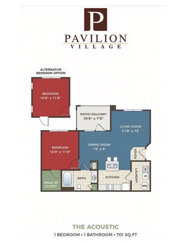 Pavilion Village\'s \'The Acoustic\' floor plan, featuring 1 bedroom, 1 bathroom, a spacious living room, kitchen, dining room, and a patio. Total area of 701 sq ft with an alternative bedroom option.