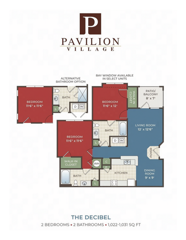 The Decibel floor plan at Pavilion Village showcasing 2 bedrooms, 2 bathrooms, a spacious living room, dining area, and modern kitchen, 1,022-1,031 sq ft with optional bay window and alternative bathroom feature.
