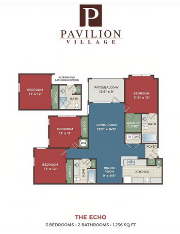 Modern Pavilion Village floor plan with 3 cozy bedrooms, 2 elegant bathrooms, spacious living room, and sleek kitchen. Includes patio/balcony for outdoor relaxation, dining room for entertaining, and walk-in closet. Total area: 1,236 sq ft.