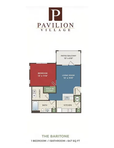 Pavilion Village\'s \'The Baritone\' floor plan showcasing a chic 1-bedroom, 1-bathroom layout with a spacious living room, modern kitchen, and inviting patio/balcony. Total area: 647 sq ft.