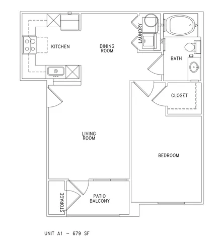 Unit A1 spacious floor plan featuring 1 bedroom, open living and dining area, modern kitchen, and private patio balcony, totaling 679 square feet.