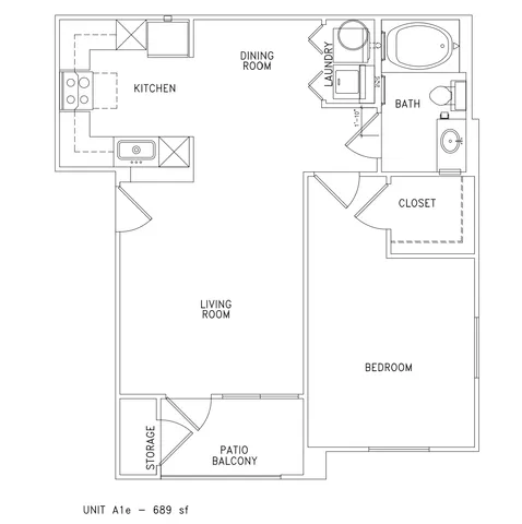Modern floor plan for Unit A1e featuring 1 bedroom, 1 bath, a spacious kitchen, and an open living room with access to a patio balcony, covering 689 square feet.