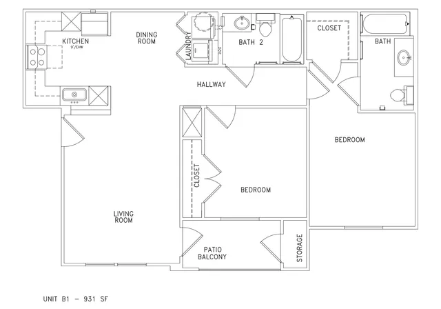 Elegant floor plan of Unit B1 showcasing 931 sq ft featuring two spacious bedrooms, two modern bathrooms, an open-concept living and dining area, a stylish kitchen, and a cozy patio balcony.