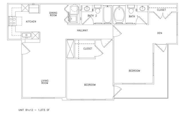 Spacious floor plan featuring 2 bedrooms, a den, open kitchen, and cozy living room. Includes 2 bathrooms and convenient laundry area, covering 1,073 sq ft.