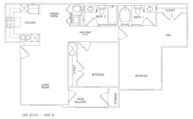 Modern floor plan featuring 2 bedrooms, a den, and a spacious living area with kitchen and dining room, including two bathrooms and a patio balcony, totaling 1003 sq ft.