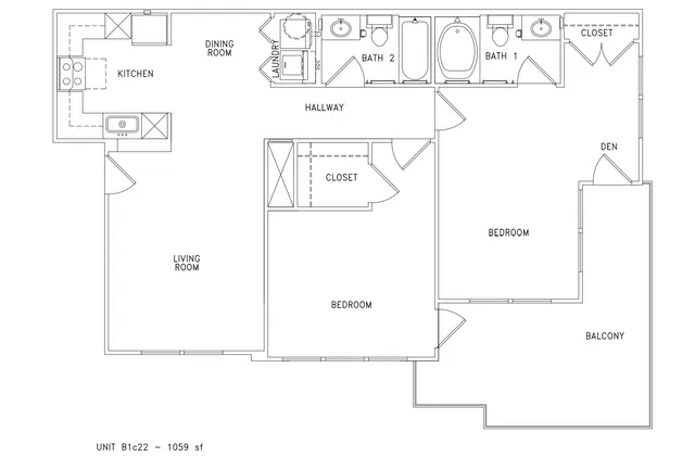 Chic 2D apartment floor plan featuring two bedrooms and a den, two bathrooms, spacious living and dining areas, modern kitchen, laundry space, and a private balcony. Total area: 1059 sq ft.