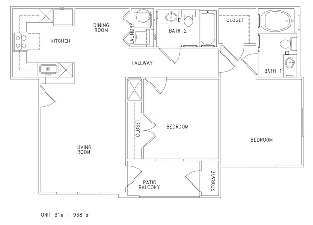 Chic floor plan showcasing a 2-bedroom, 2-bath apartment with spacious living room, modern kitchen, dining area, and patio balcony. Includes laundry space and ample storage, covering 938 sq ft.