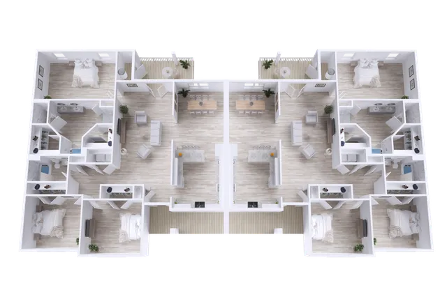 Modern floor plan showcasing two mirrored units, each with 3 bedrooms, open living spaces, and stylish kitchens. Ideal for comfortable living with private balconies.