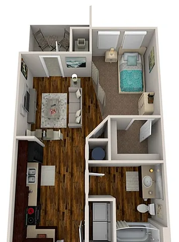 Chic studio apartment floor plan showcasing a modern open-concept living area, stylish kitchen, cozy bedroom, and spacious bathroom. Ideal urban living at 494 sq ft.