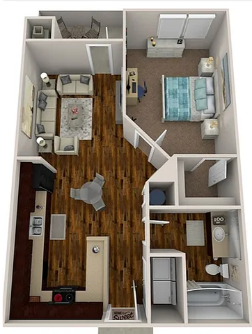 Modern 3D apartment floor plan showcasing 1 bedroom, cozy living area, contemporary kitchen, and elegant bathroom, spread over 629 sq ft.