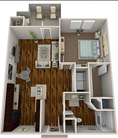 Cozy 1-bedroom apartment floor plan with an elegant open-concept living area, modern kitchen, and stylish wooden flooring, spanning 750 sq ft.